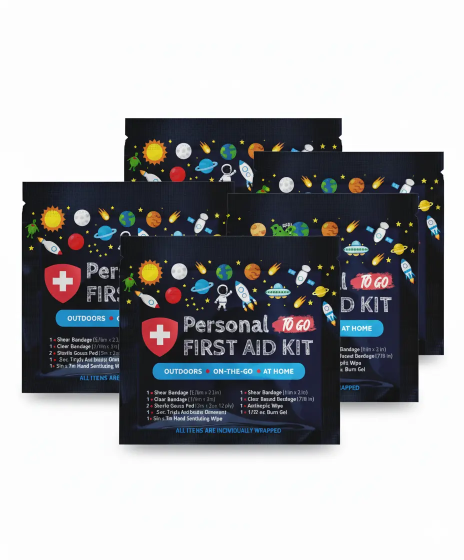 Five pack of Space-themed Personal First Aid Kit pouches featuring colorful planets, rockets, and astronauts on the packaging, designed for on-the-go, outdoor, and home use.