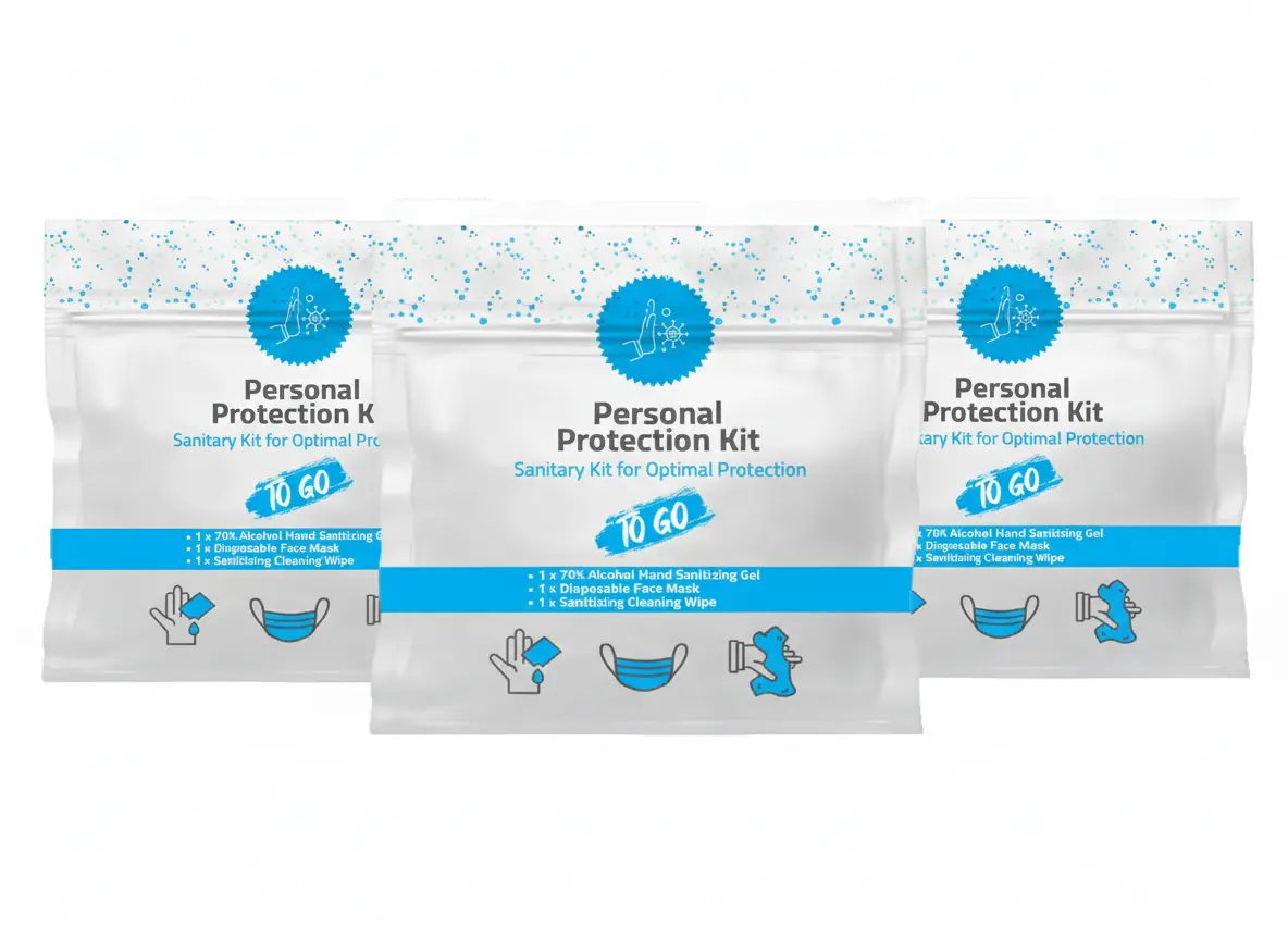 Three PPE Kits with face mask, hand sanitizer, and alcohol wipes in resealable plastic bag