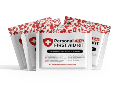 Three Red Mini First Aid Kits with labeled pouch featuring essential first aid items for quick treatment of cuts, scrapes, and burns.
