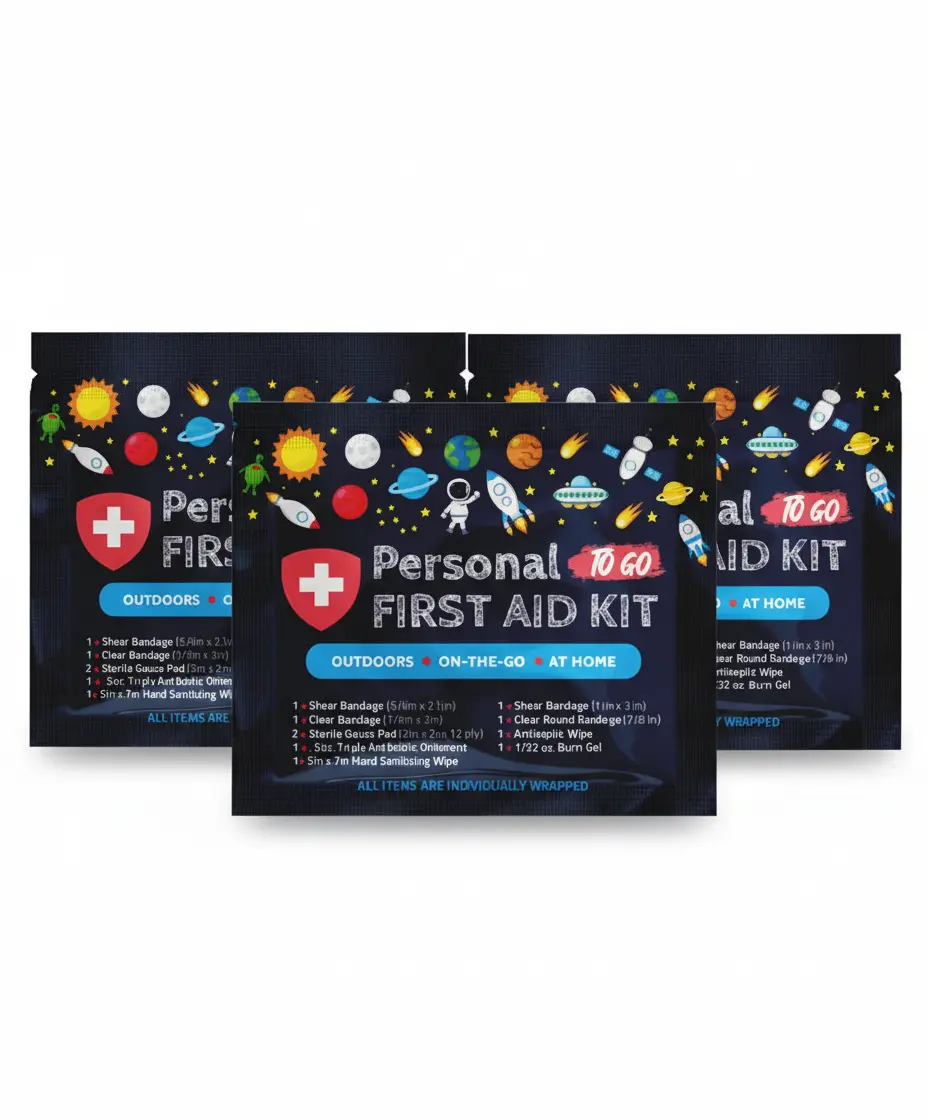 Three pack of Space-themed Personal First Aid Kit pouches featuring colorful planets, rockets, and astronauts on the packaging, designed for on-the-go, outdoor, and home use.