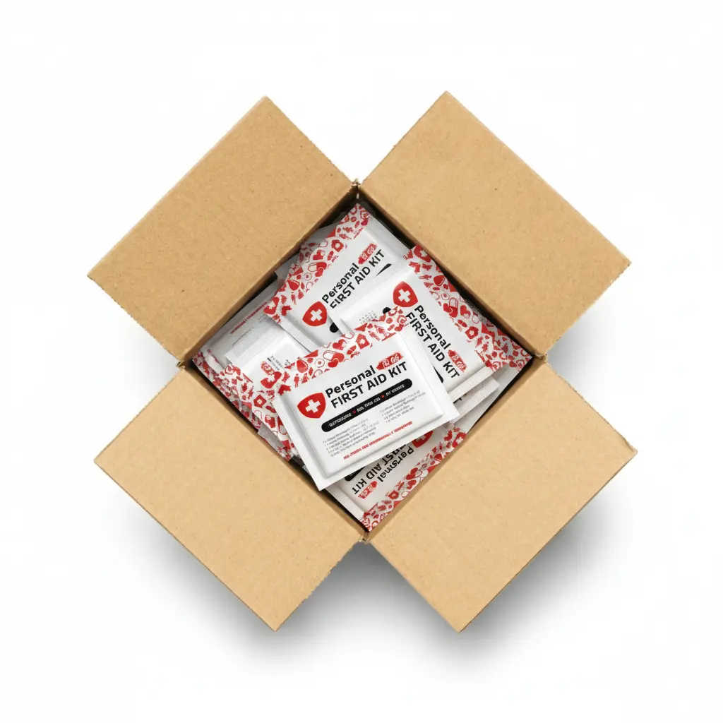 Case of Red Mini First Aid Kits with labeled pouch featuring essential first aid items for quick treatment of cuts, scrapes, and burns.