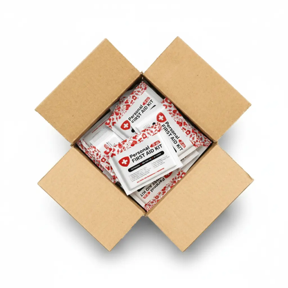 Case of Red Mini First Aid Kits with labeled pouch featuring essential first aid items for quick treatment of cuts, scrapes, and burns.