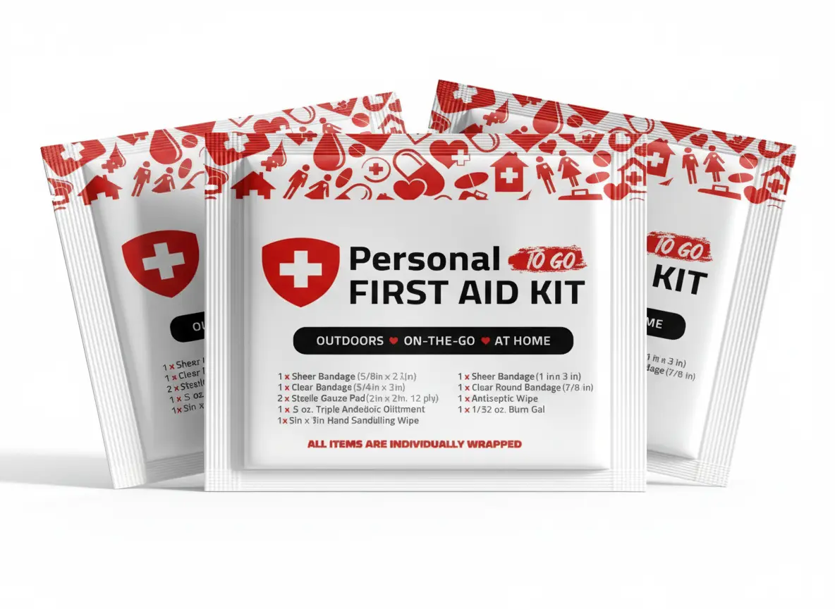 Five Red Mini First Aid Kits with labeled pouch featuring essential first aid items for quick treatment of cuts, scrapes, and burns.