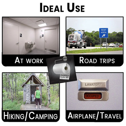 Collage showing ideal uses of the Black and White Toilet Kit at work, on road trips, hiking, camping, and airplane travel for hygienic convenience anywhere.