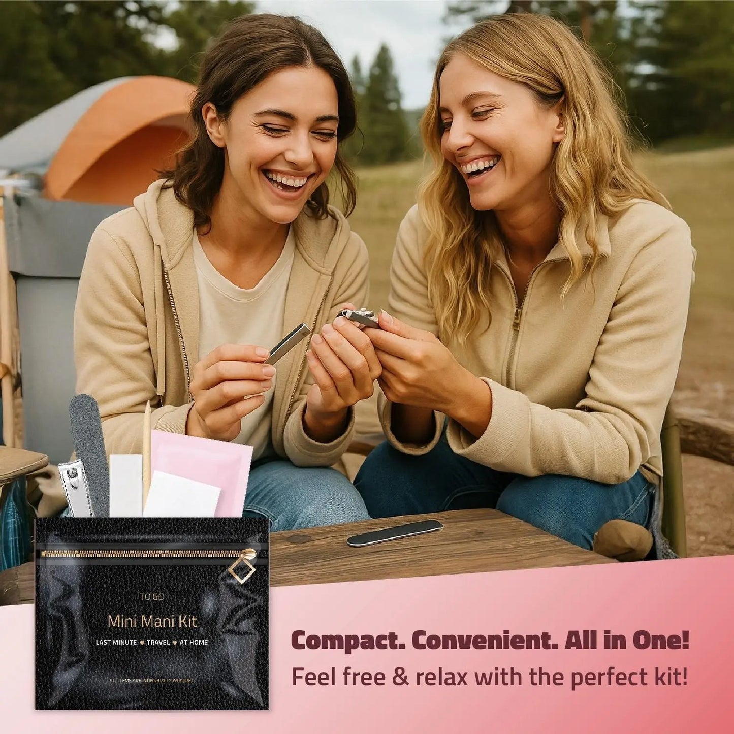 Two women using the Black Mini Manicure Kit outdoors — travel-ready nail care designed for effortless touch-ups on the go.