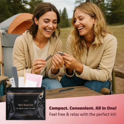 Two women using the Black Mini Manicure Kit outdoors — travel-ready nail care designed for effortless touch-ups on the go.