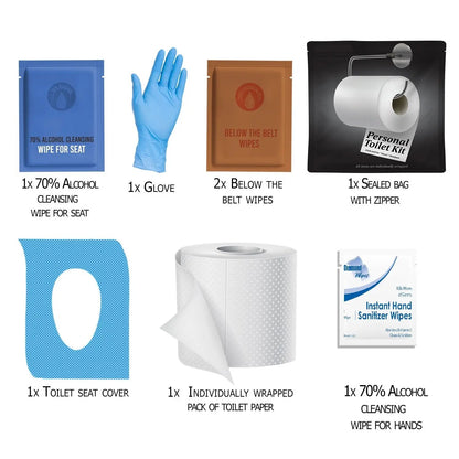 Contents of the Black and White Toilet Kit including gloves, wipes, toilet seat cover, and individually wrapped toilet paper – all neatly displayed for travel hygiene.