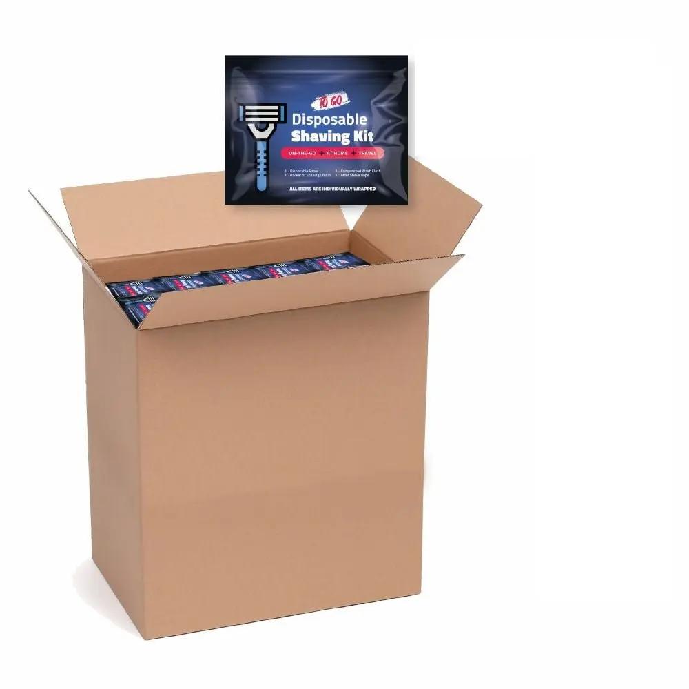 Case of 100 Black Shaving Kits packaging with razor graphic and travel-friendly design