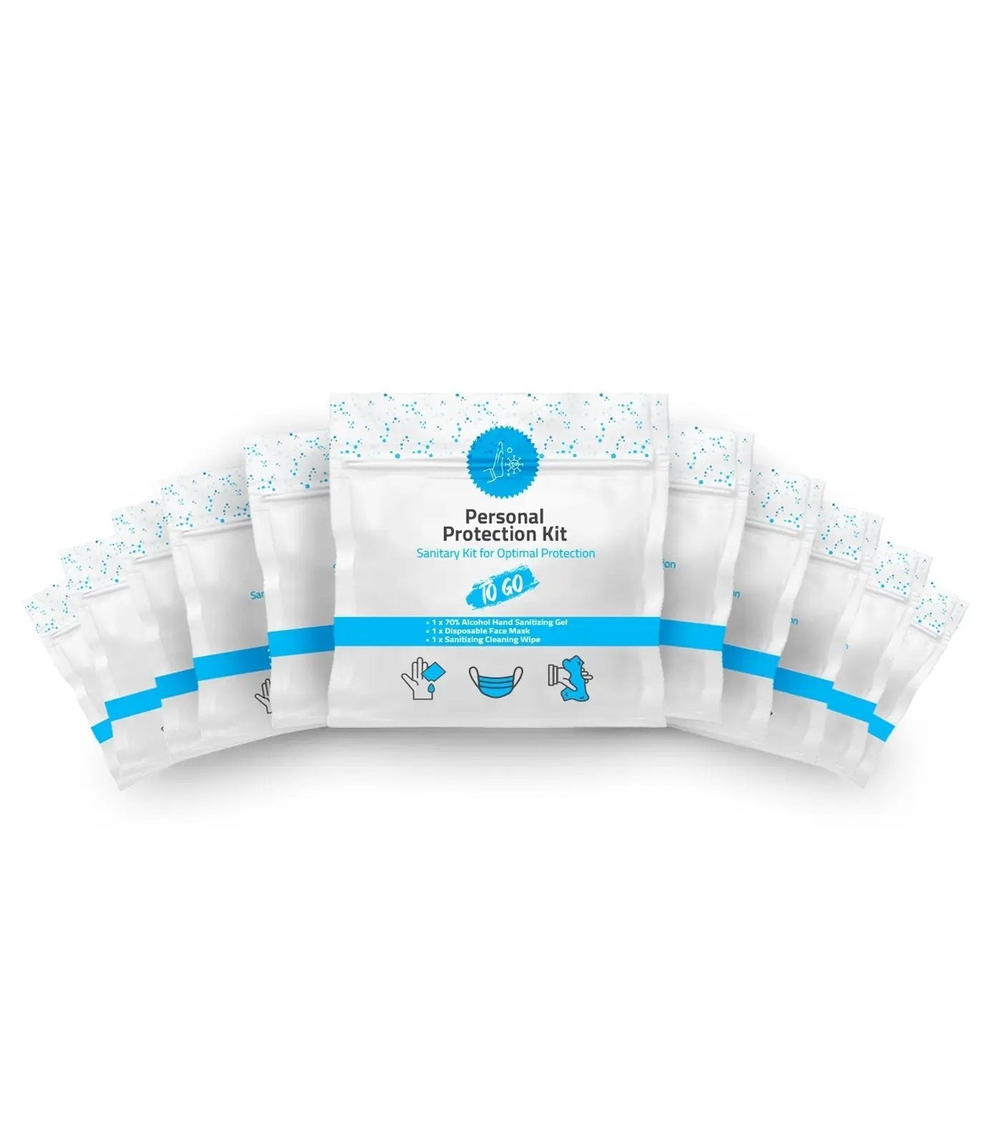 Ten PPE Kits with face mask, hand sanitizer, and alcohol wipes in resealable plastic bag
