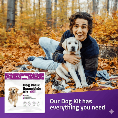 Person relaxing with dog using Purple Dog Walking Kit for easy walks and outings