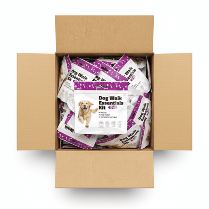 Case of Purple Dog Walking Kit packaging with dog illustration and travel-friendly design