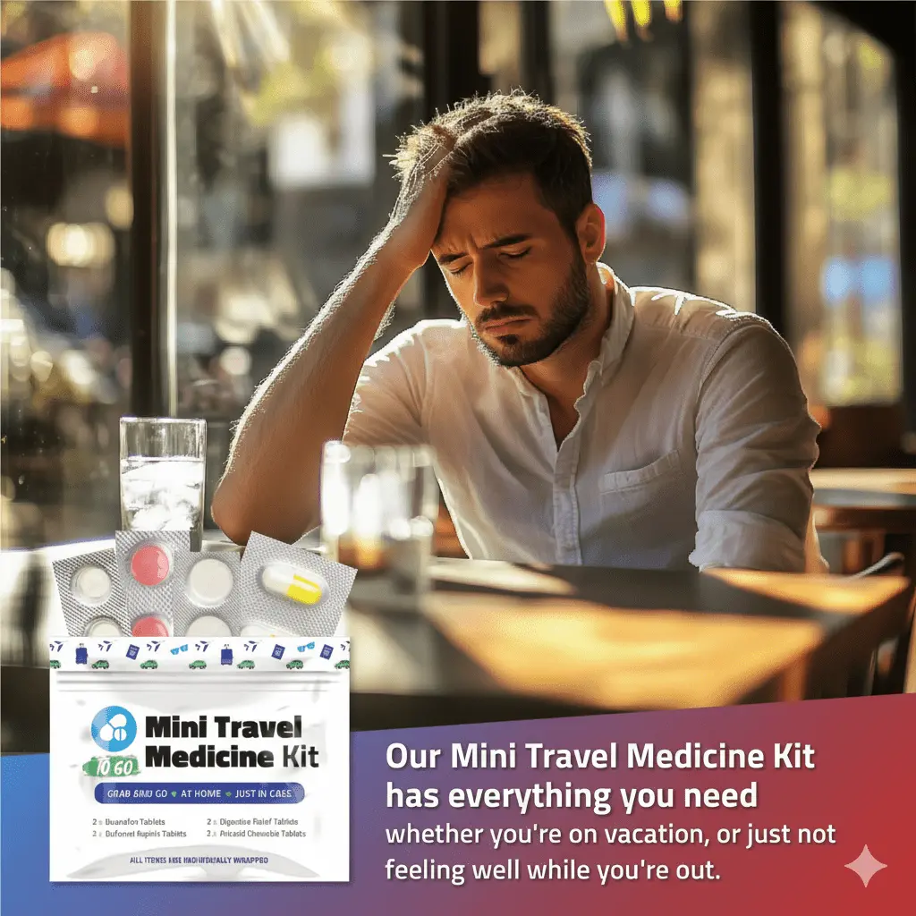 Man sitting at café feeling unwell with Mini Travel Medicine Kit To Go beside him — easy-to-carry relief for discomfort while traveling or away from home.