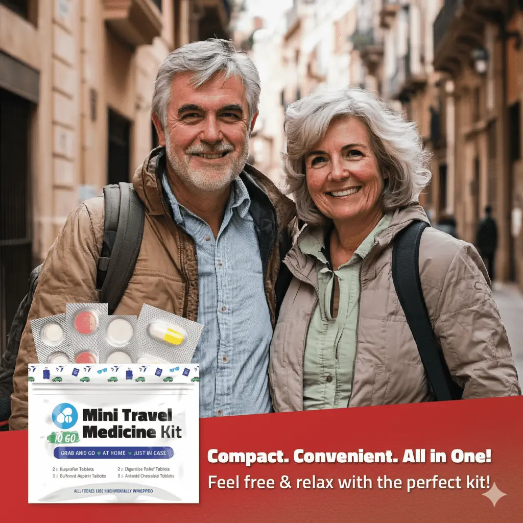 Smiling mature couple traveling with Mini Travel Medicine Kit To Go — compact, convenient, and ready for relief while on the go.